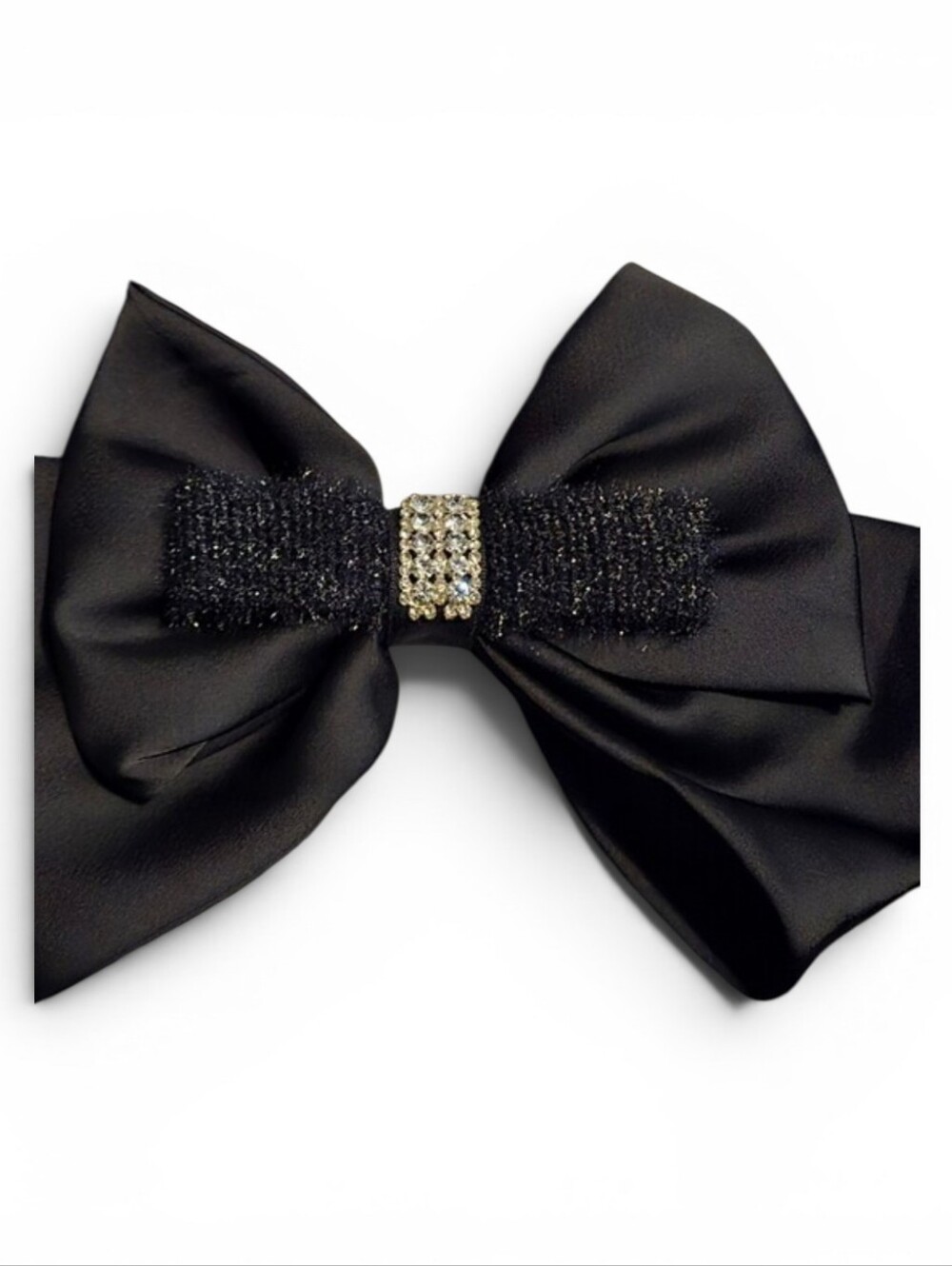 Elegant Black Satin Bow Hair Clip with Rhinestone Accent